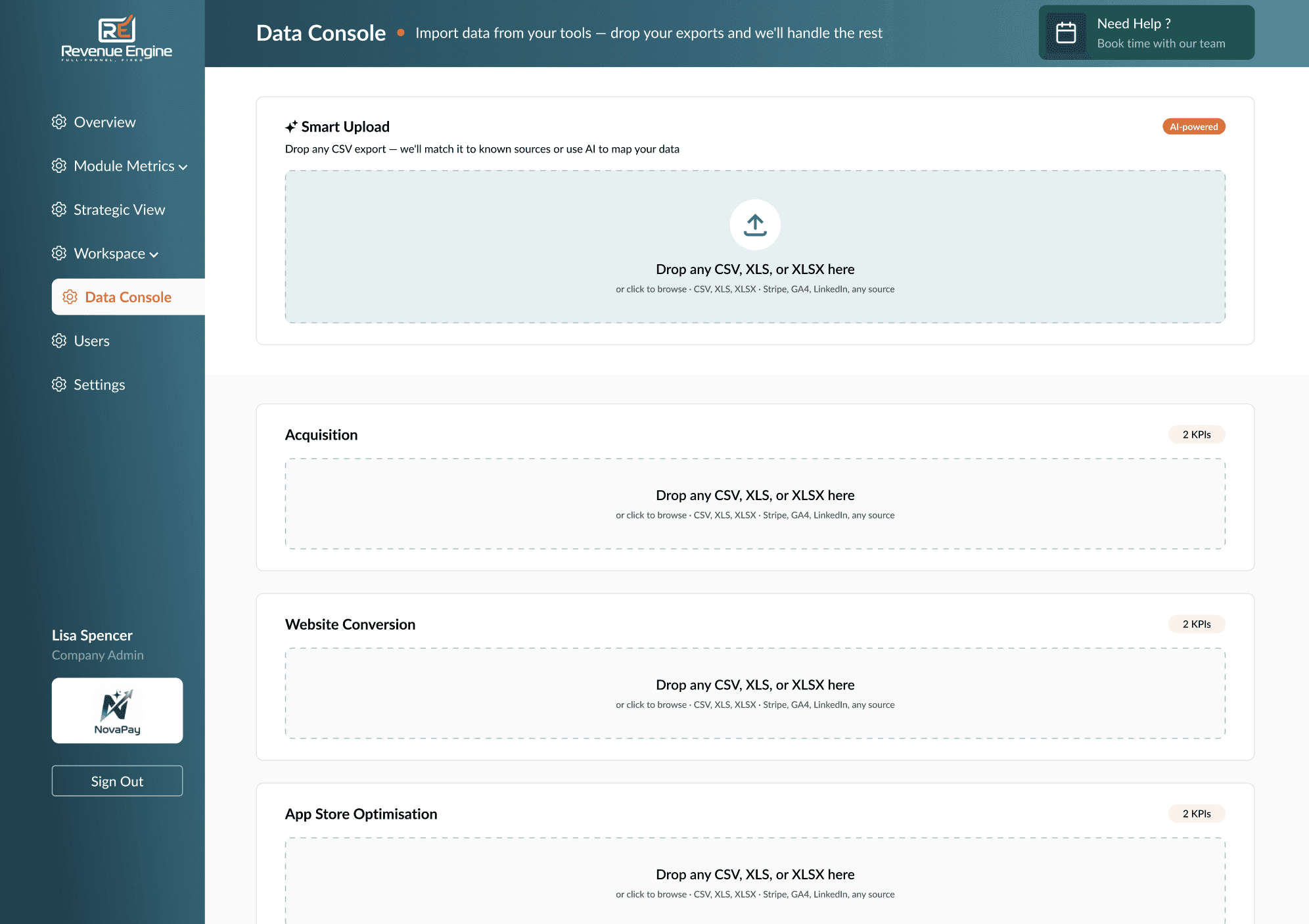 The Revenue Engine Data Console, showing drag-and-drop CSV import